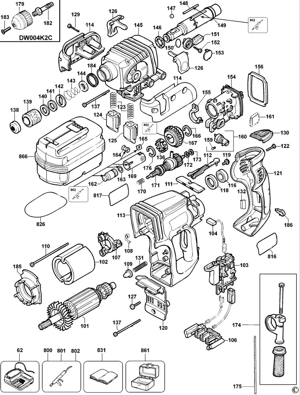 Dewalt DW004K Type 1 Rotary Hammer Spare Parts