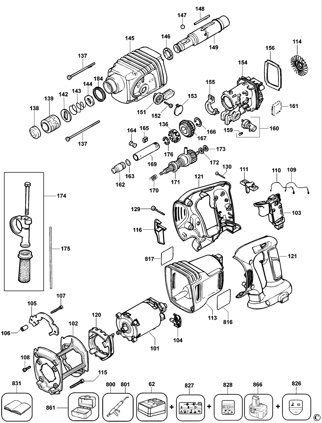 Dewalt DW999K Type 1 Rotary Hammer Spare Parts