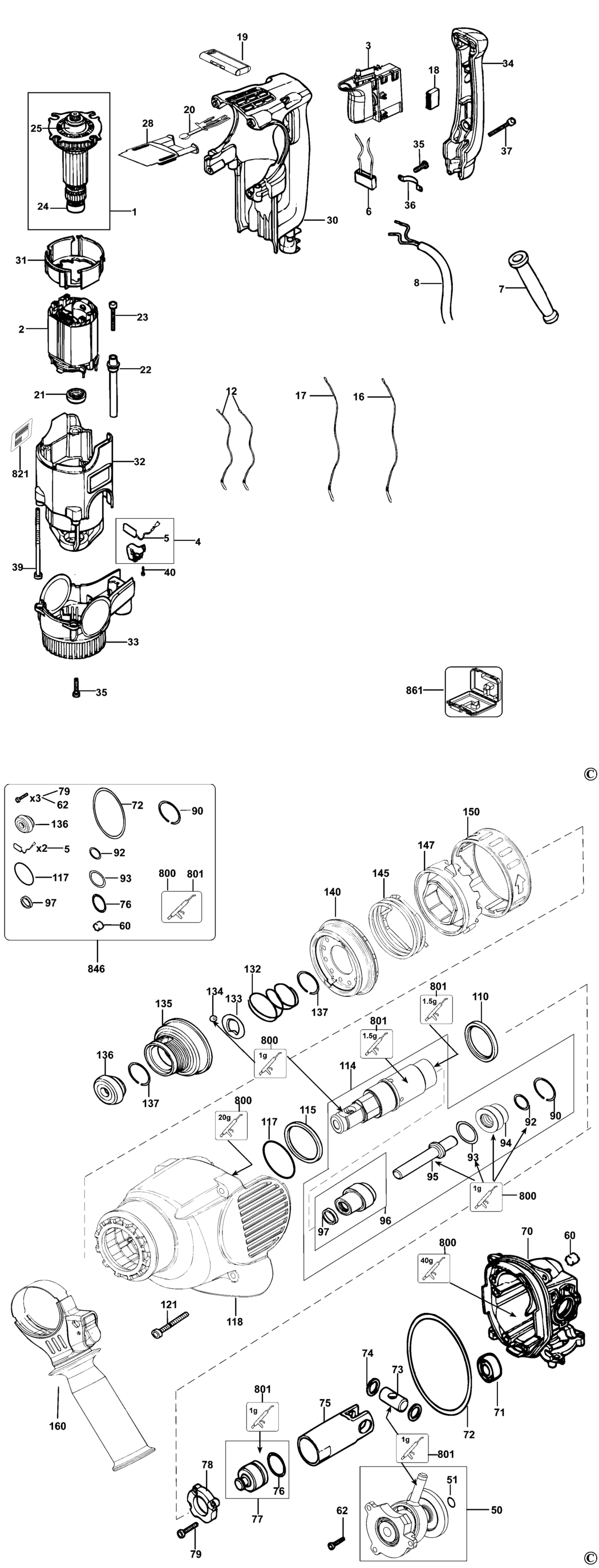 Dewalt D25330K Type 1 Chipping Hammer Spare Parts