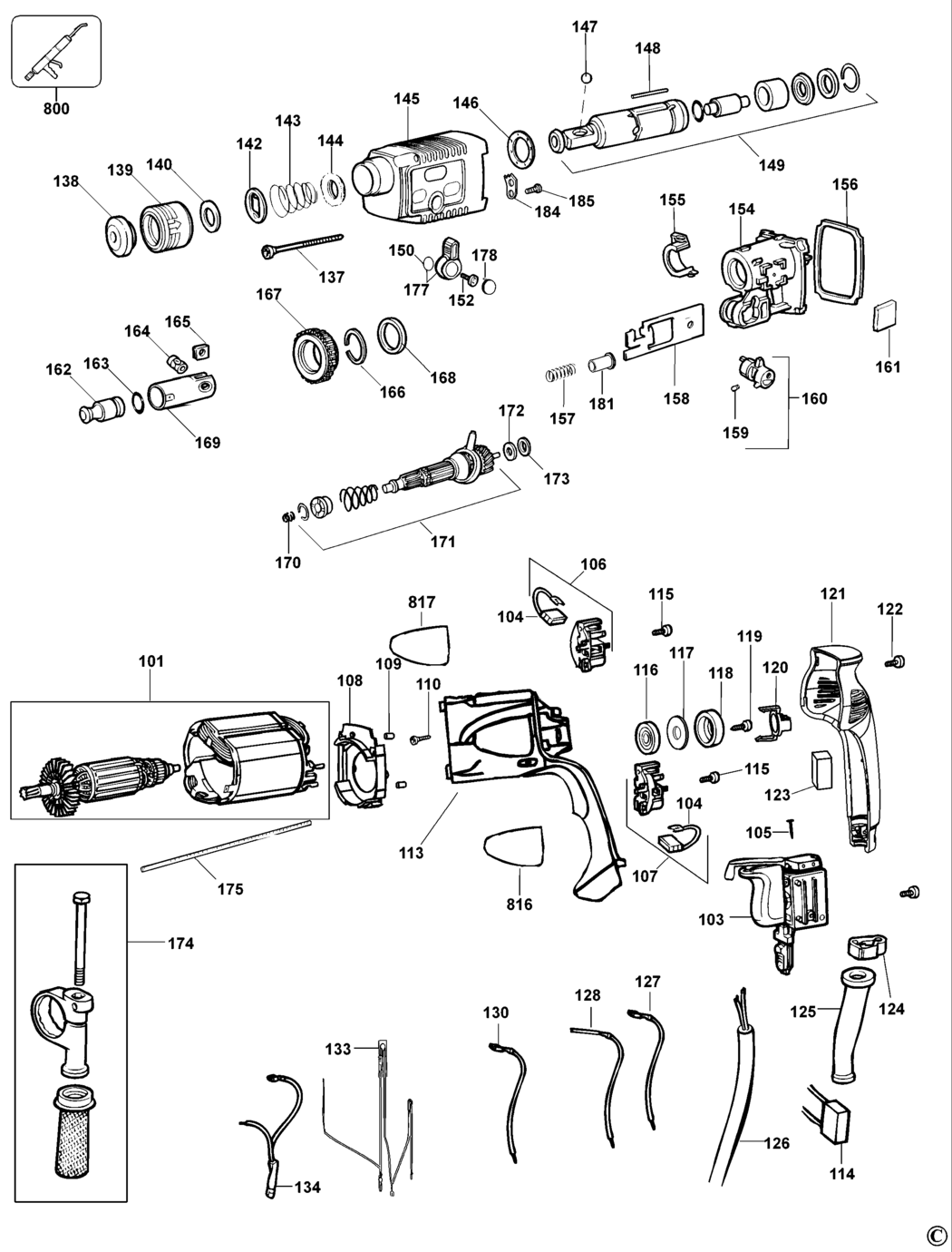 Dewalt D25003K Type 1 Rotary Hammer Spare Parts