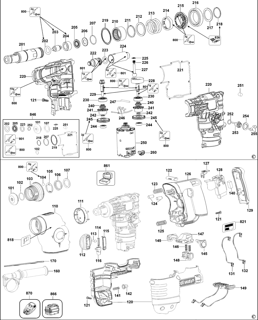 Dewalt DC223K Type 1 Rotary Hammer Spare Parts