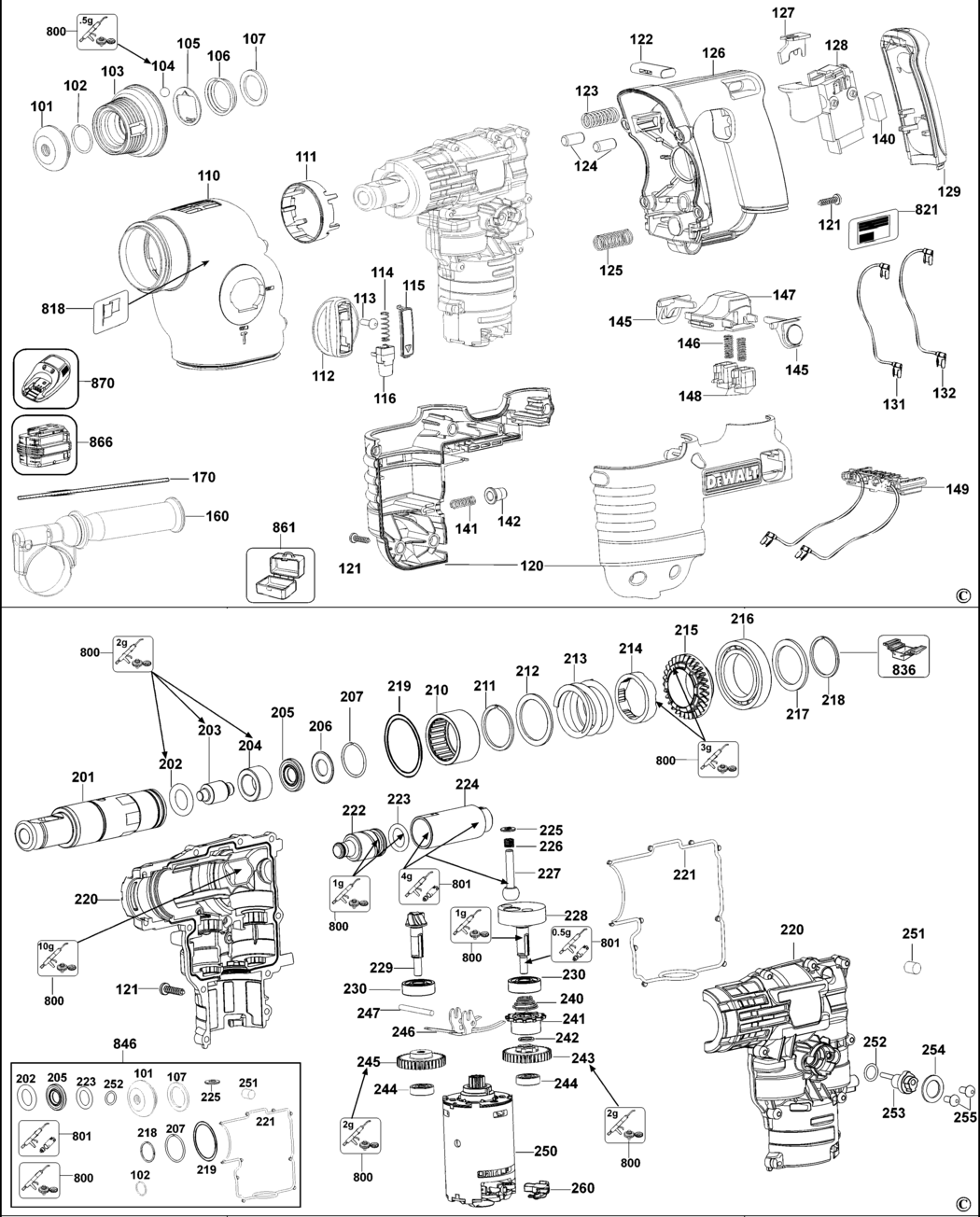 Dewalt DC222K Type 1 Rotary Hammer Spare Parts