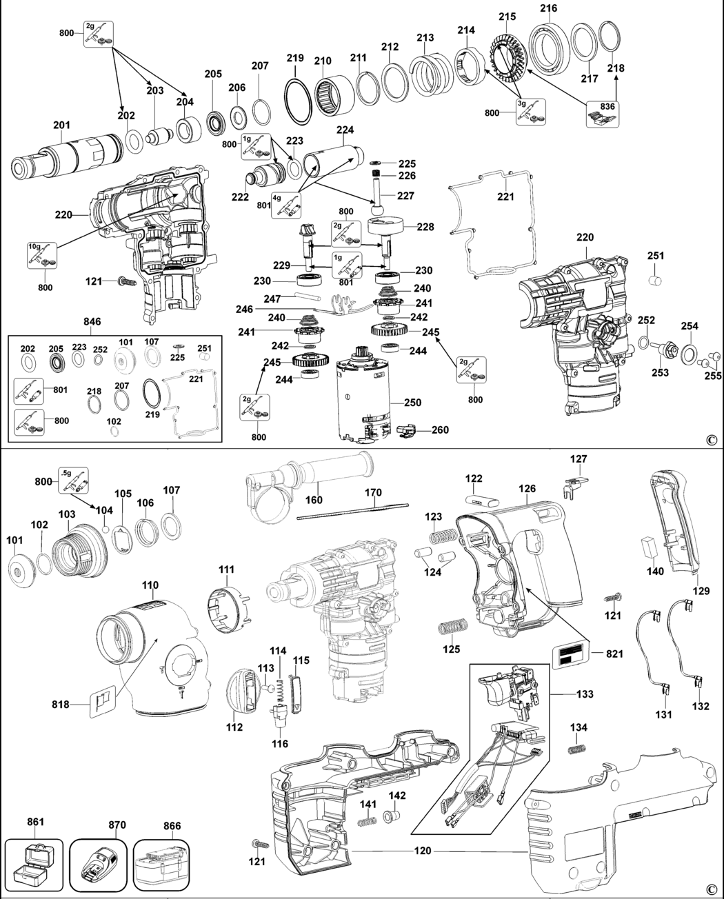 Dewalt DC233K Type 1 Rotary Hammer Spare Parts