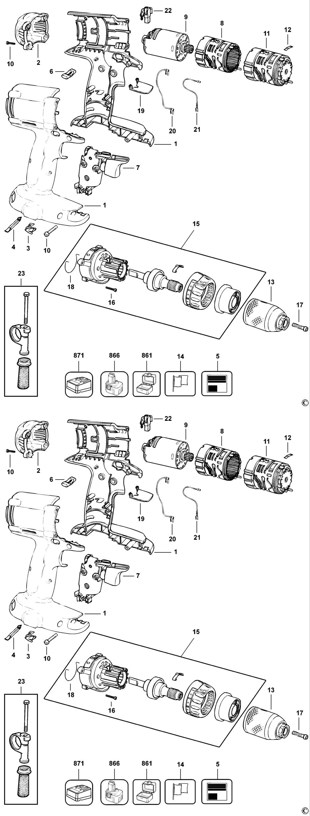 Dewalt DW987KQ Type 1 Cordless Drill Spare Parts