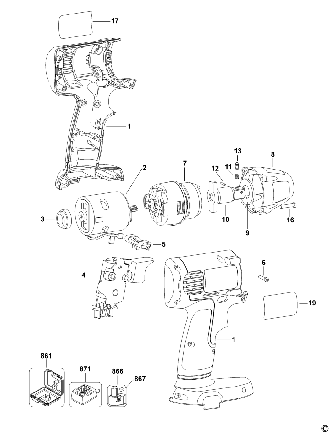 Dewalt DW055K Type 1 Impact Wrench Spare Parts