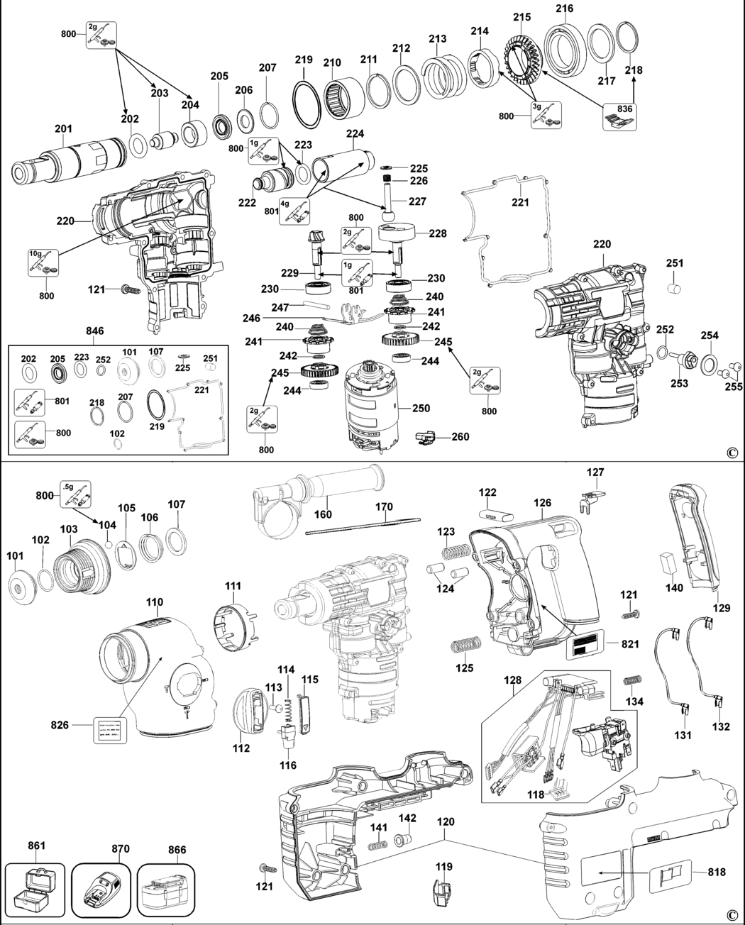 Dewalt DC228KL Type 1 Rotary Hammer Drill Spare Parts