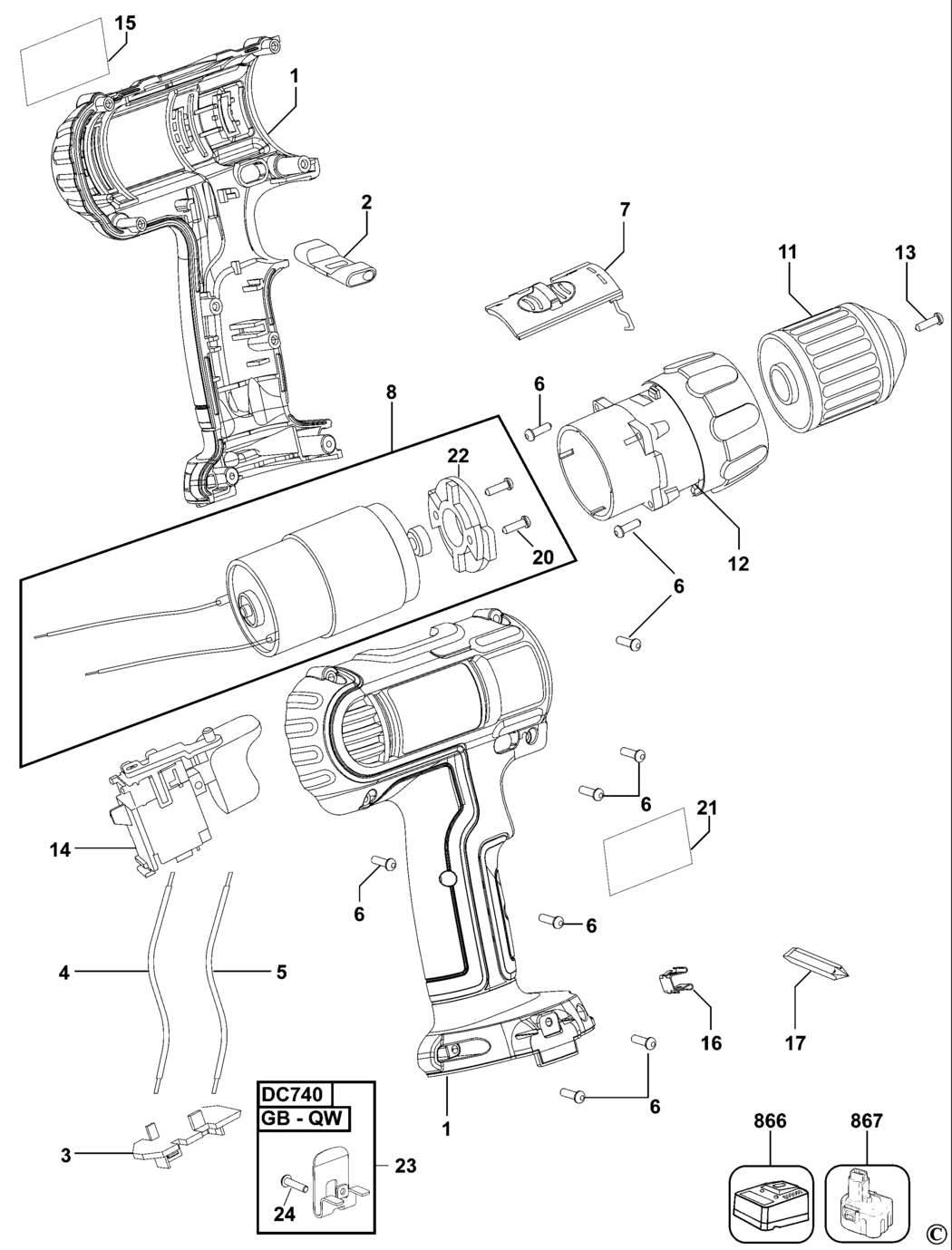 Dewalt DC740 Type 3 C'less Drill/driver Spare Parts
