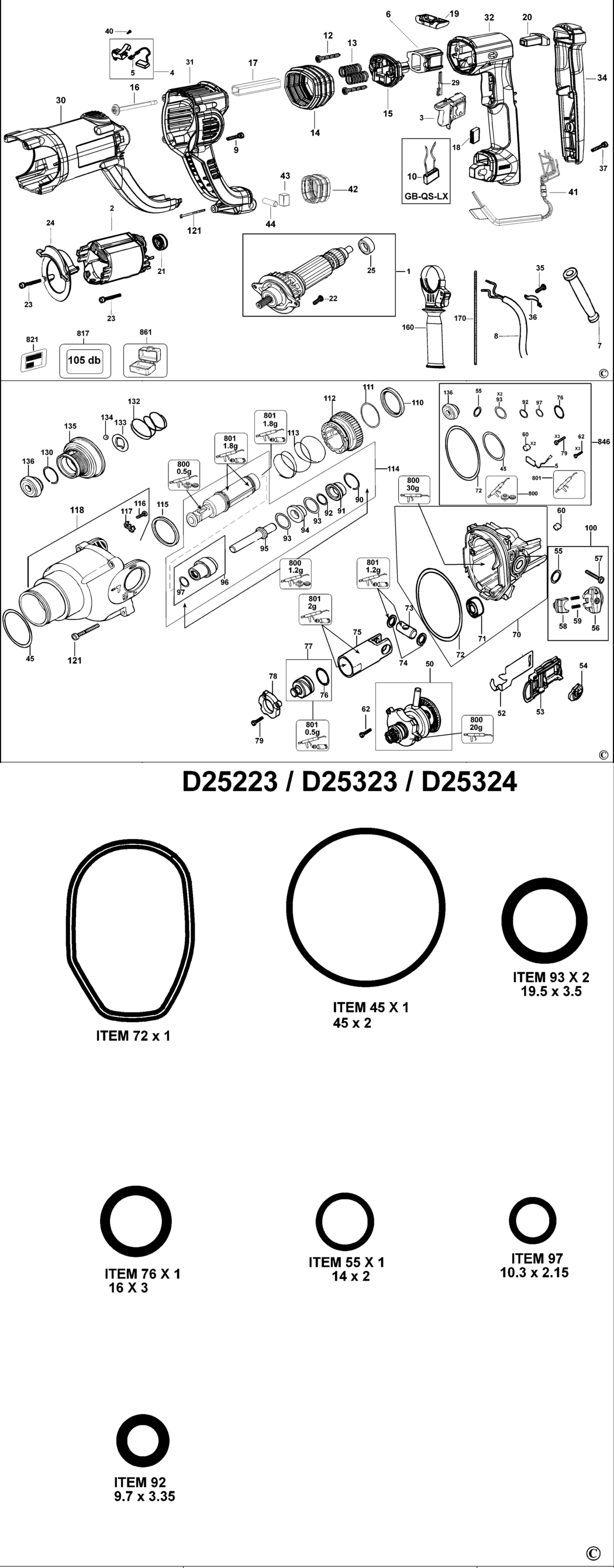 Dewalt D25223K Type 1 Rotary Hammer Spare Parts