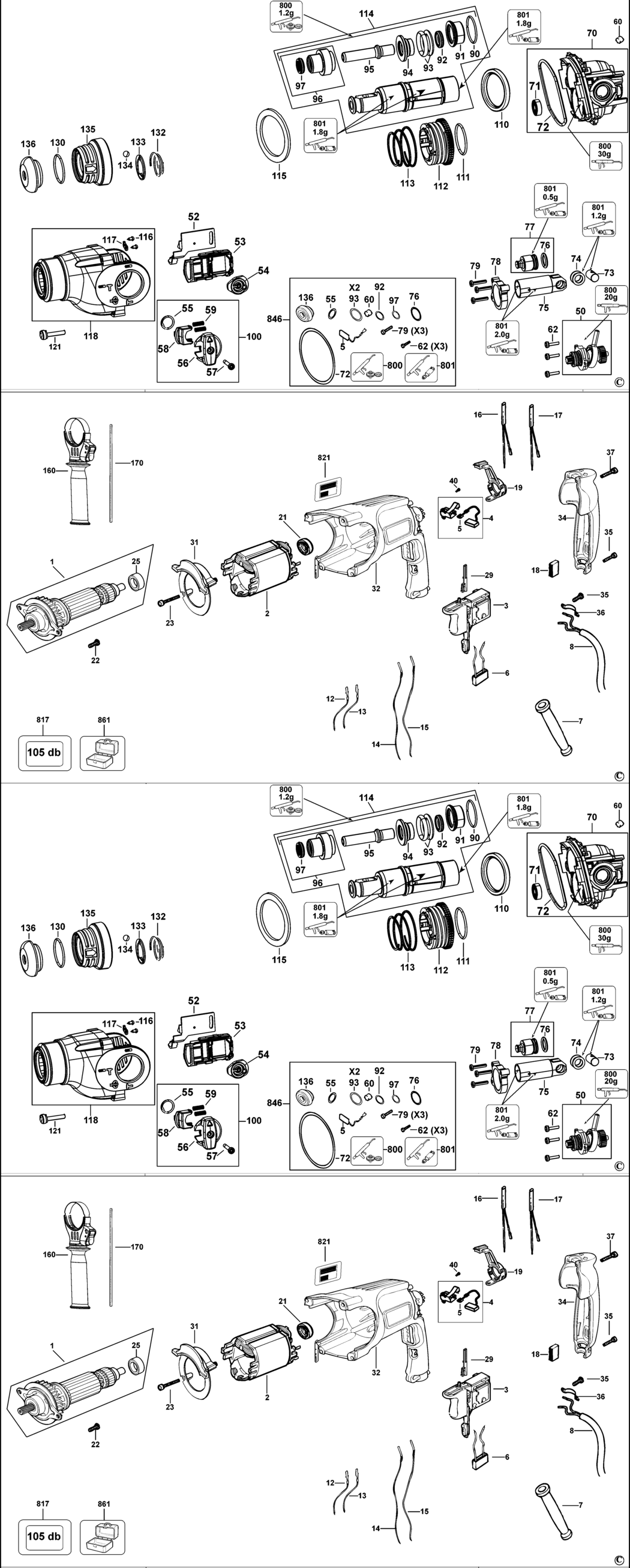 Dewalt D25113K Type 2 Rotary Hammer Spare Parts