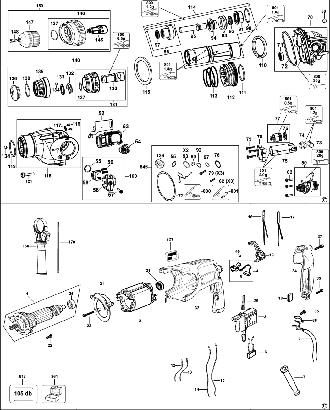Dewalt D25114K Type 2 Rotary Hammer Spare Parts