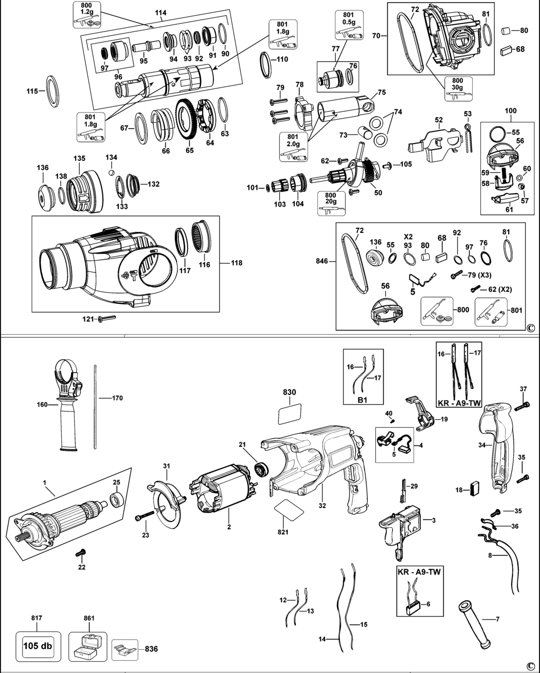 Dewalt D25102K Type 10 Rotary Hammer Spare Parts