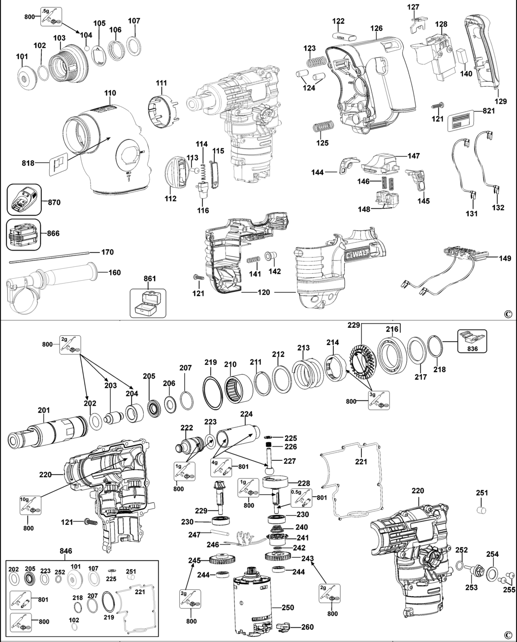 Dewalt DC222K Type 2 Rotary Hammer Spare Parts