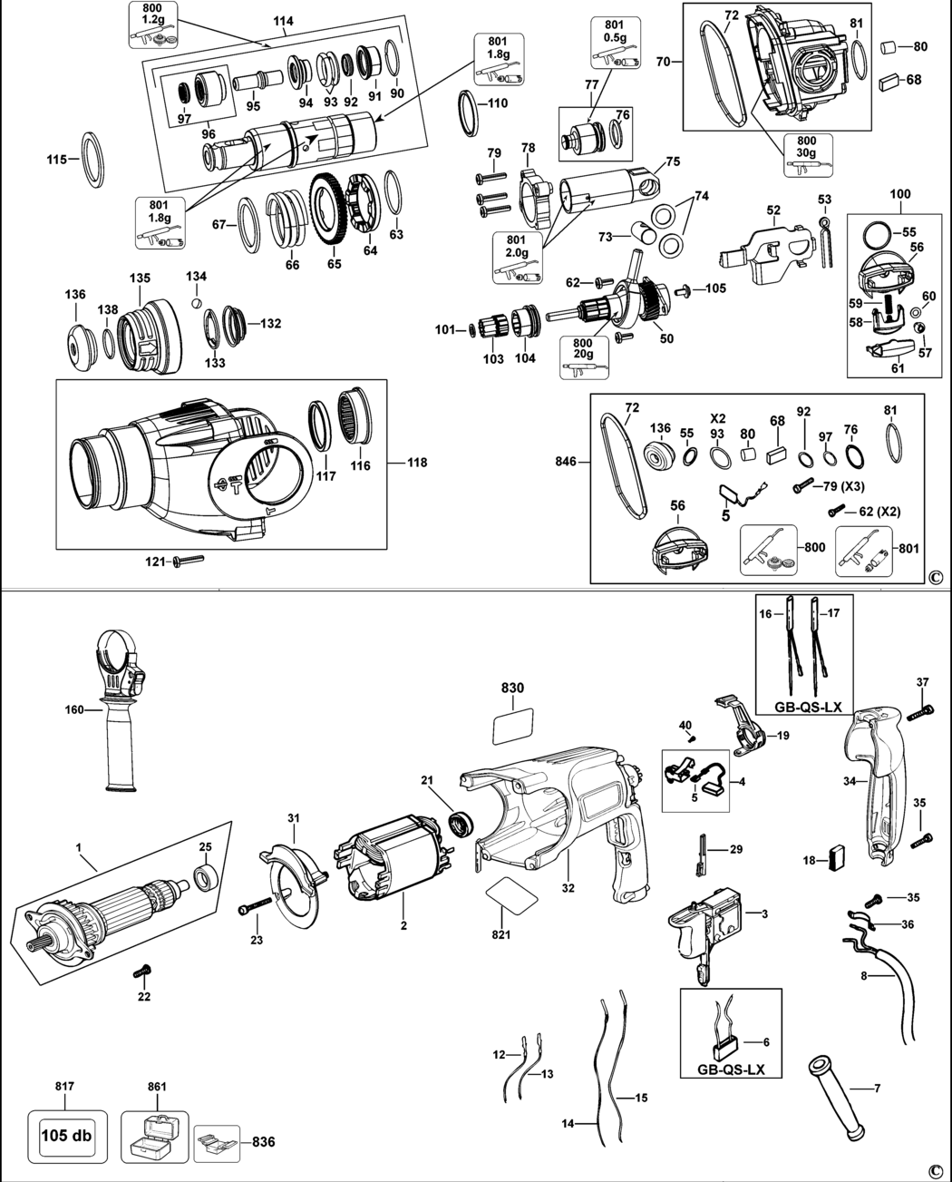 Dewalt DWEN102K Type 1 Rotary Hammer Spare Parts