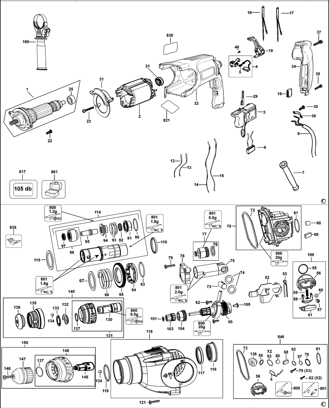 Dewalt DWEN103K Type 1 Hammer Drill Spare Parts