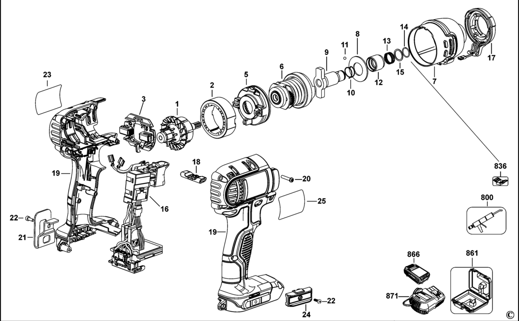 Dewalt DCF835M2 Type 1 Impact Driver Spare Parts