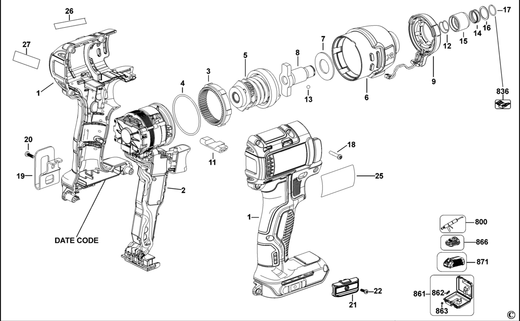 Dewalt DCF836 Type 1 Impact Driver Spare Parts