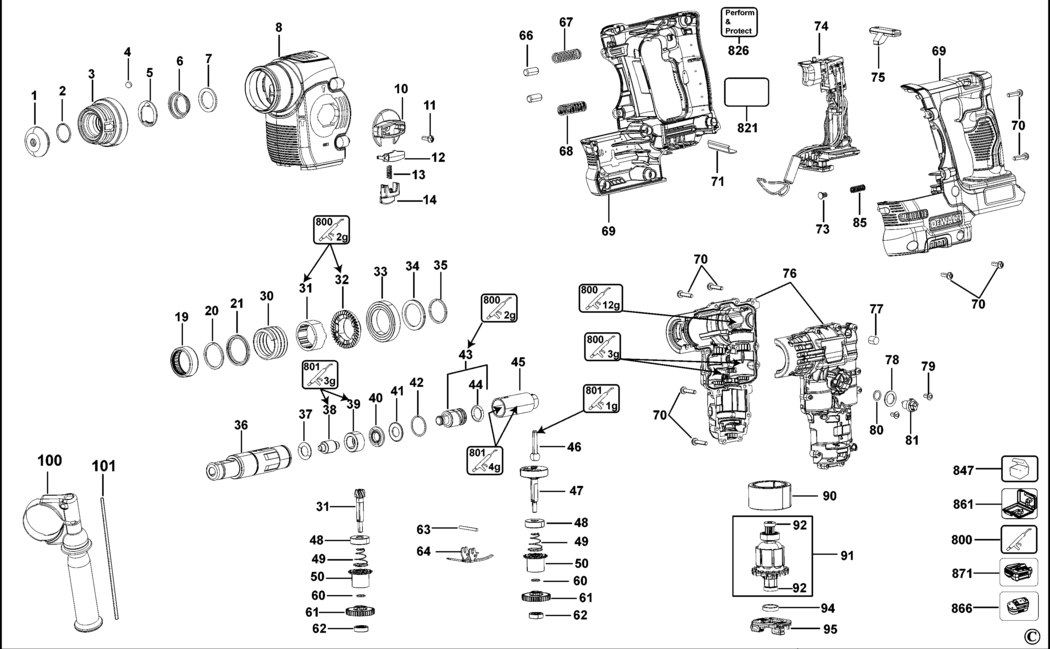 Dewalt DCH243 Type 1 Rotary Hammer Spare Parts