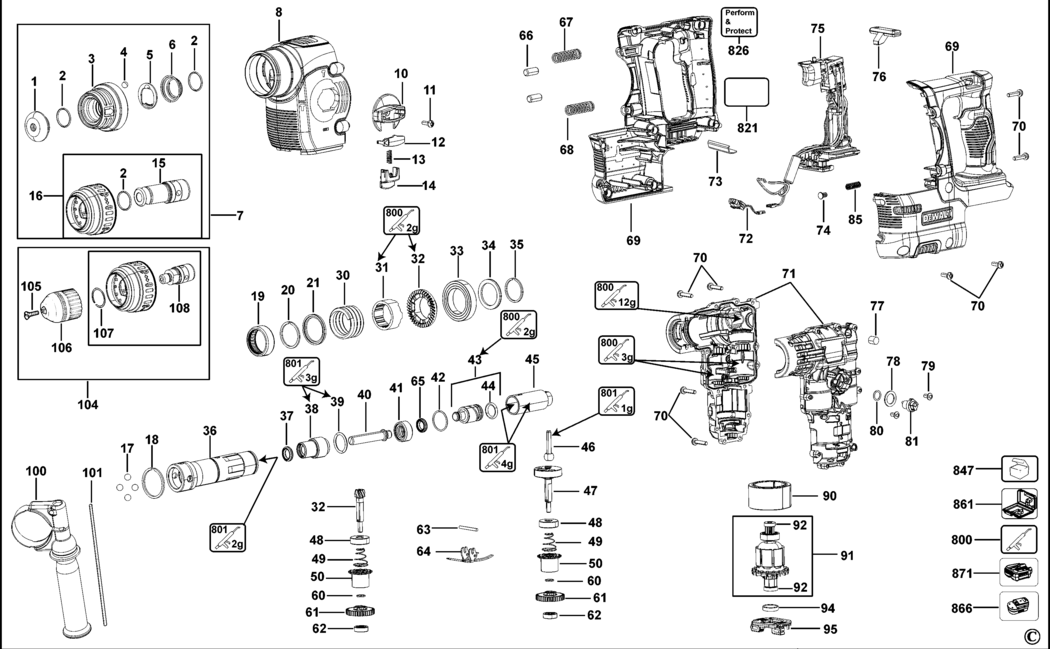 Dewalt DCH254 Type 1 Rotary Hammer Spare Parts