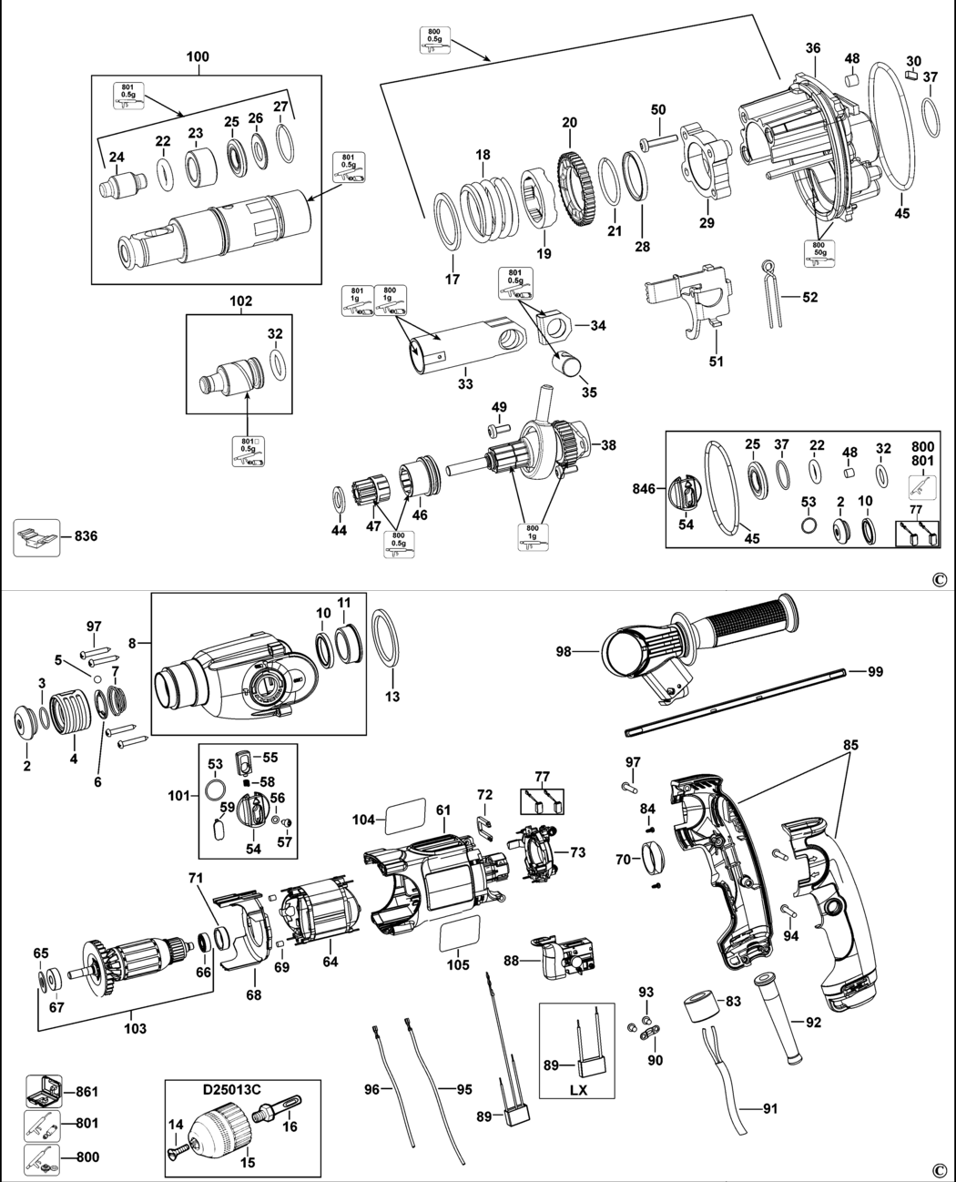 Dewalt D25013K Type 10 Rotary Hammer Spare Parts
