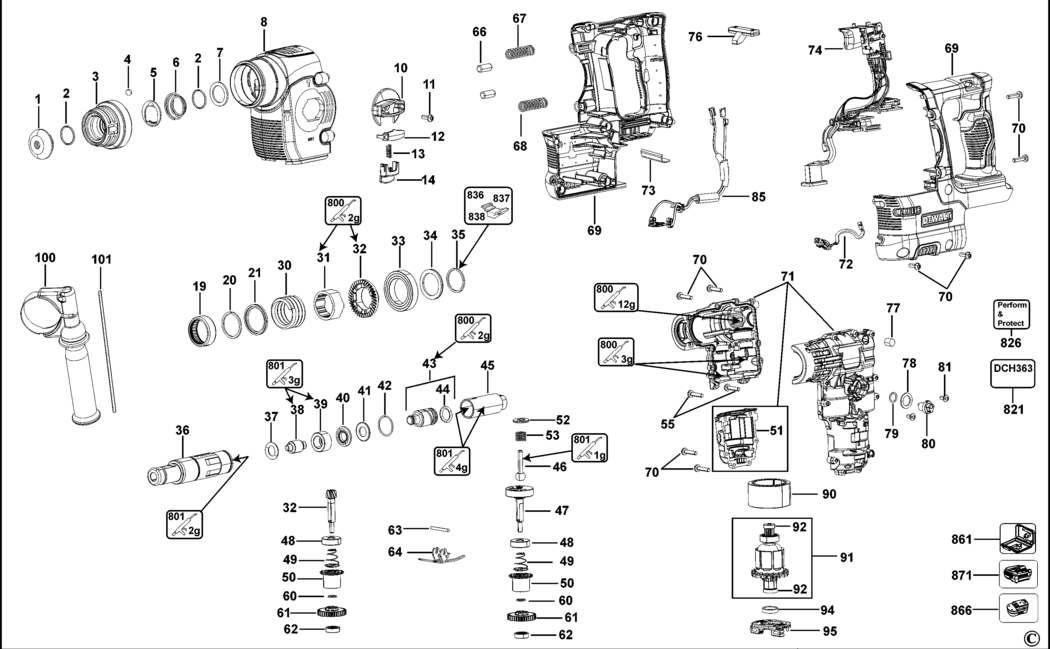 Dewalt DCH363 Type 1 Rotary Hammer Spare Parts