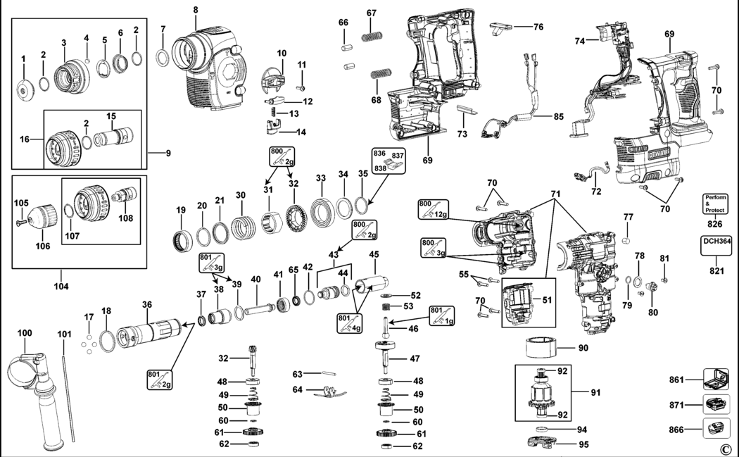 Dewalt DCH364 Type 1 Rotary Hammer Spare Parts