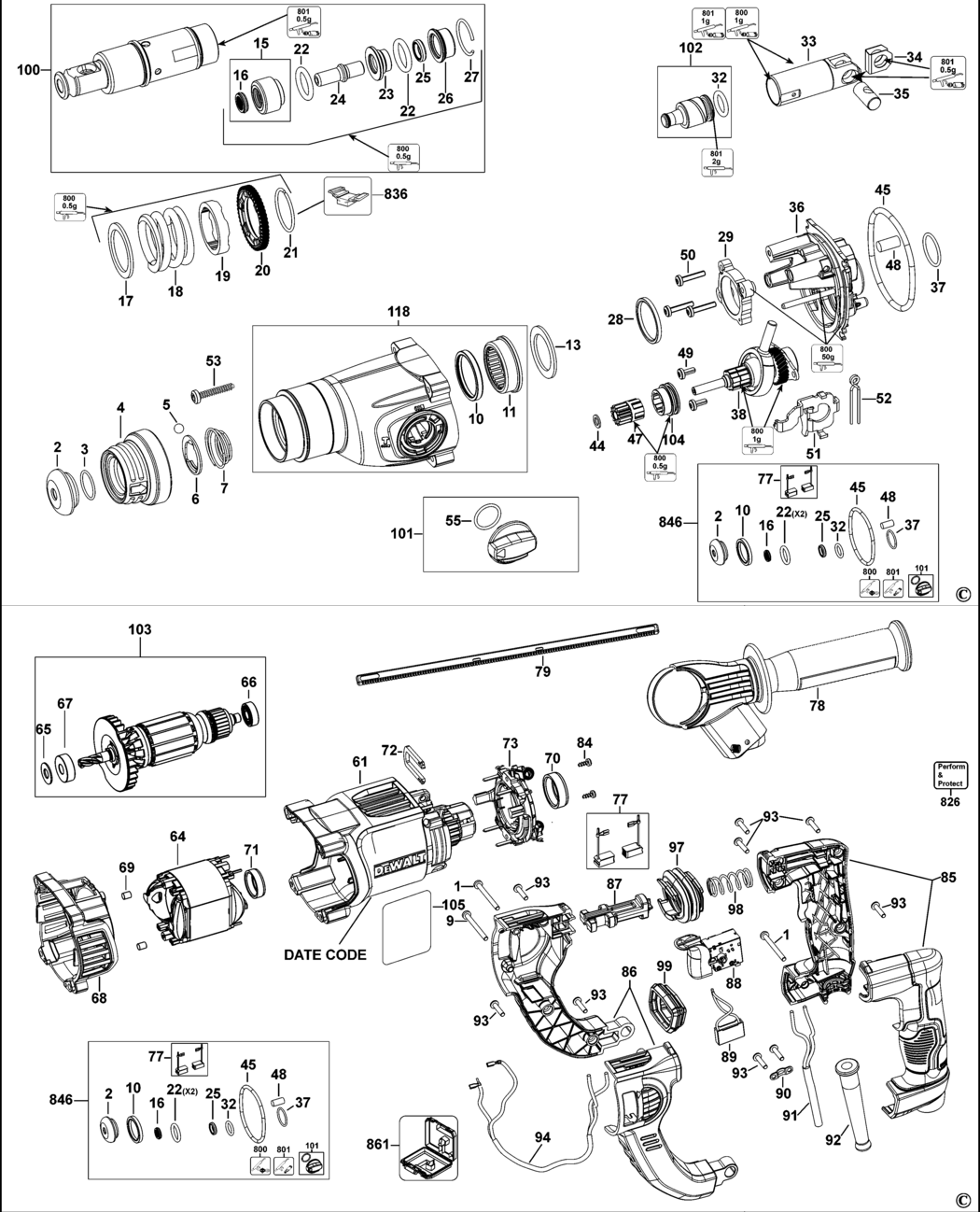 Dewalt D25263 Type 1 Rotary Hammer Spare Parts