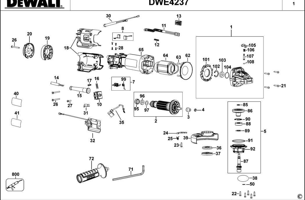 Dewalt DWE4237 Type 1 Small Angle Grinder Spare Parts