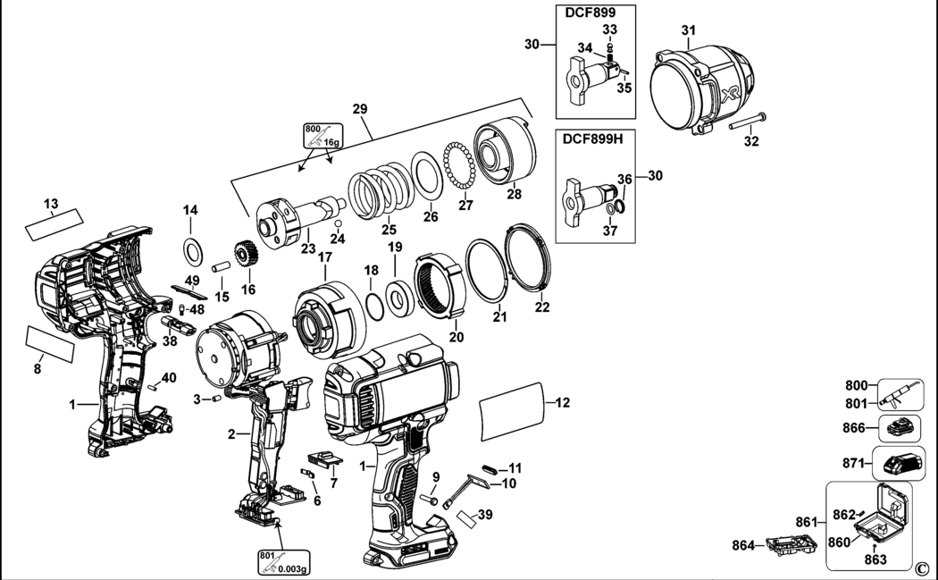 Dewalt DCF899 Type 3 Impact Wrench Spare Parts