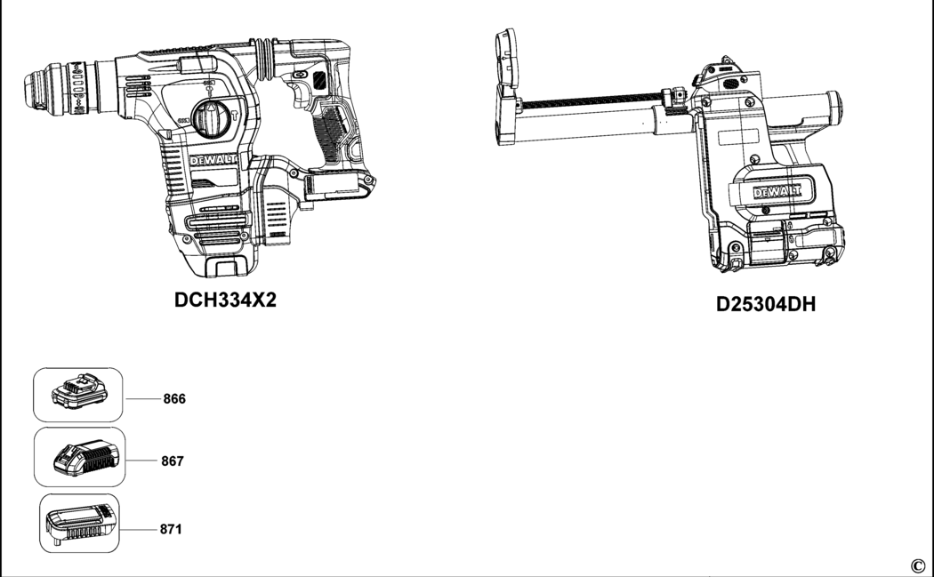 Dewalt DCH335X2 Type 1 Hammer Drill Spare Parts