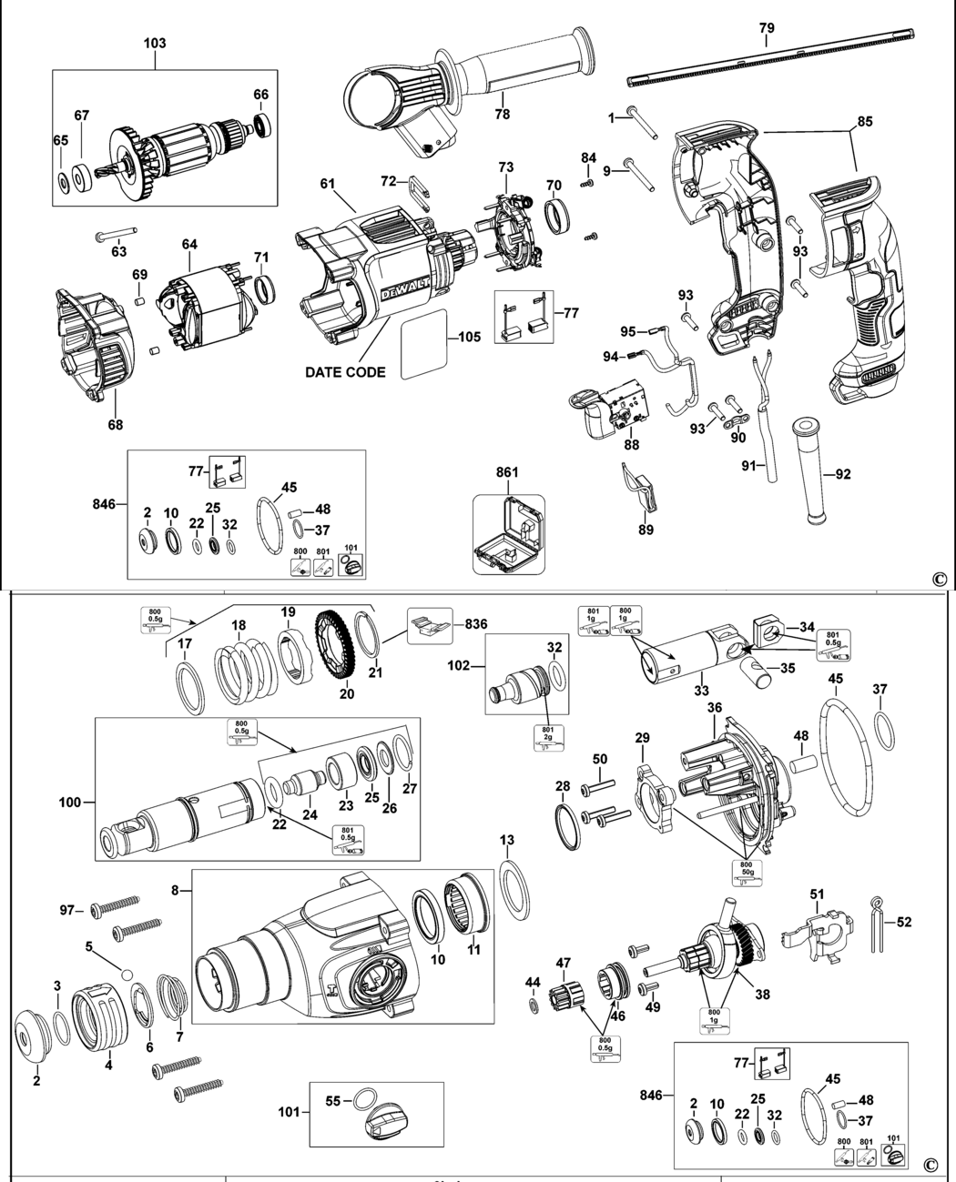 Dewalt D25133 Type 15 Rotary Hammer Spare Parts