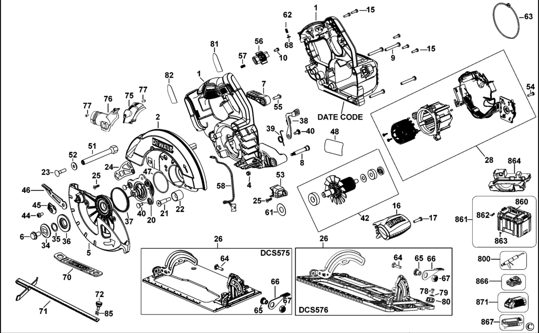 Dewalt DCS575 Type 2 Cordless Circular Saw Spare Parts