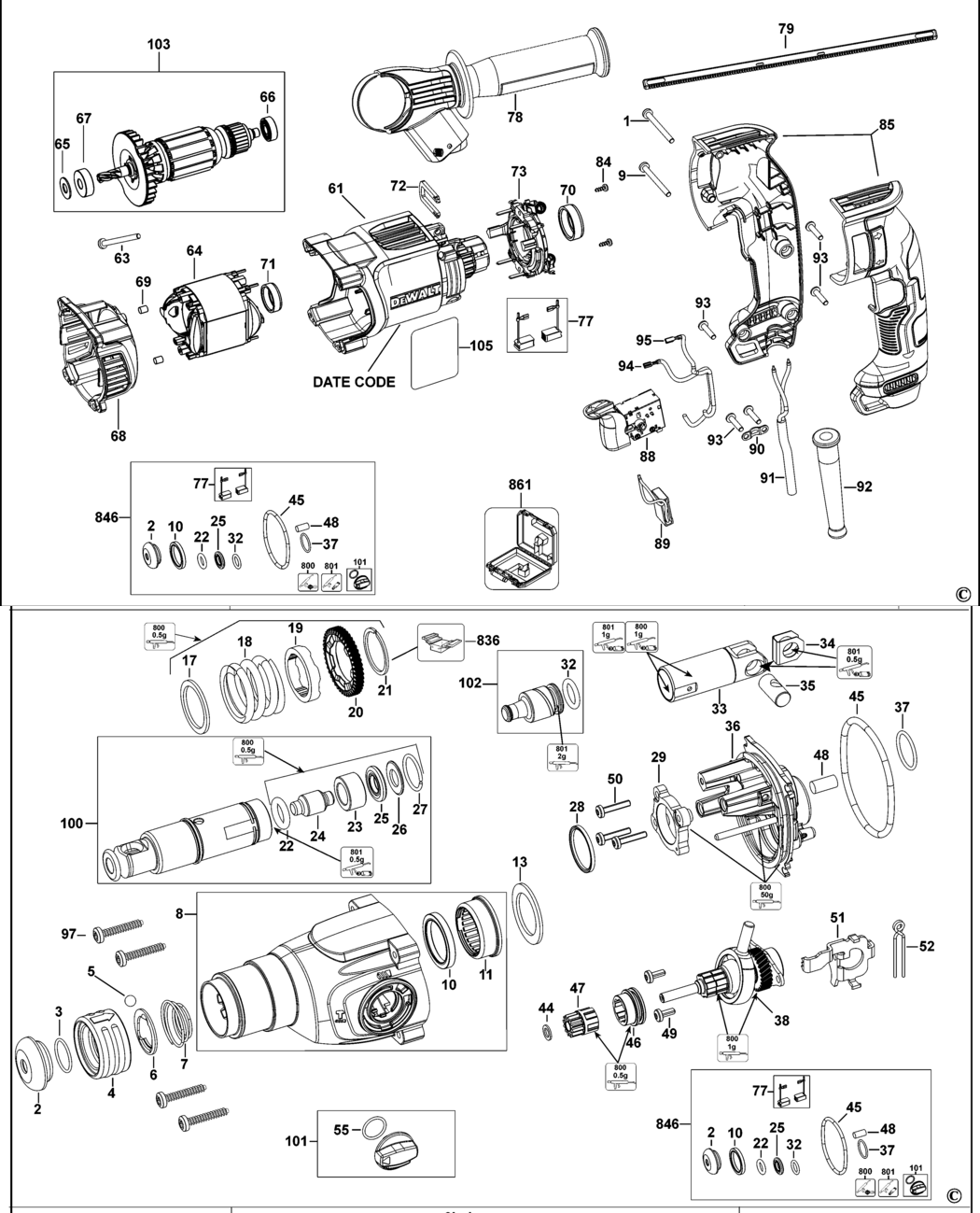 Dewalt DWH24 Type 15 Rotary Hammer Spare Parts