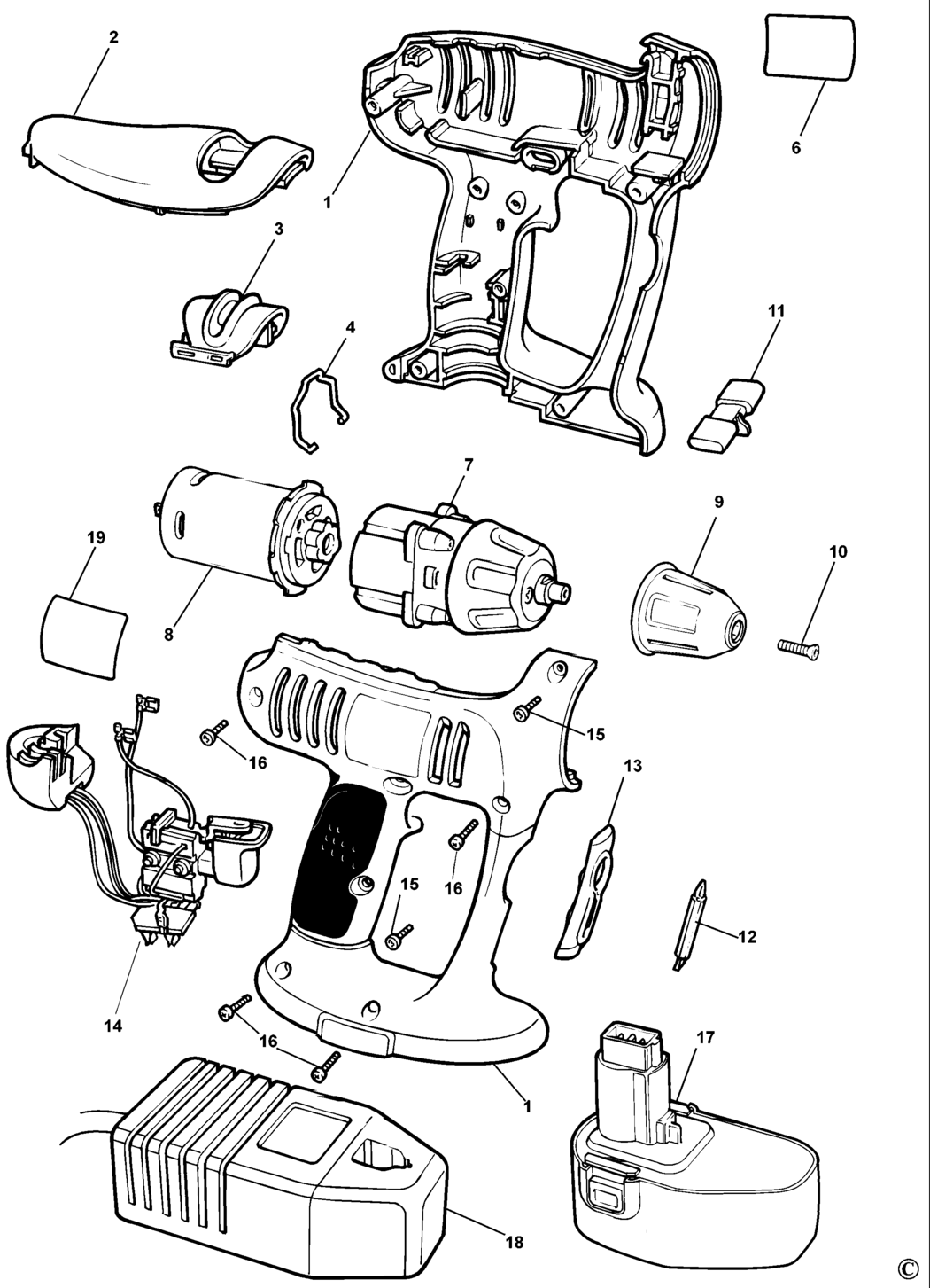 Black & Decker KC1282FK Type 1 Cordless Drill Spare Parts