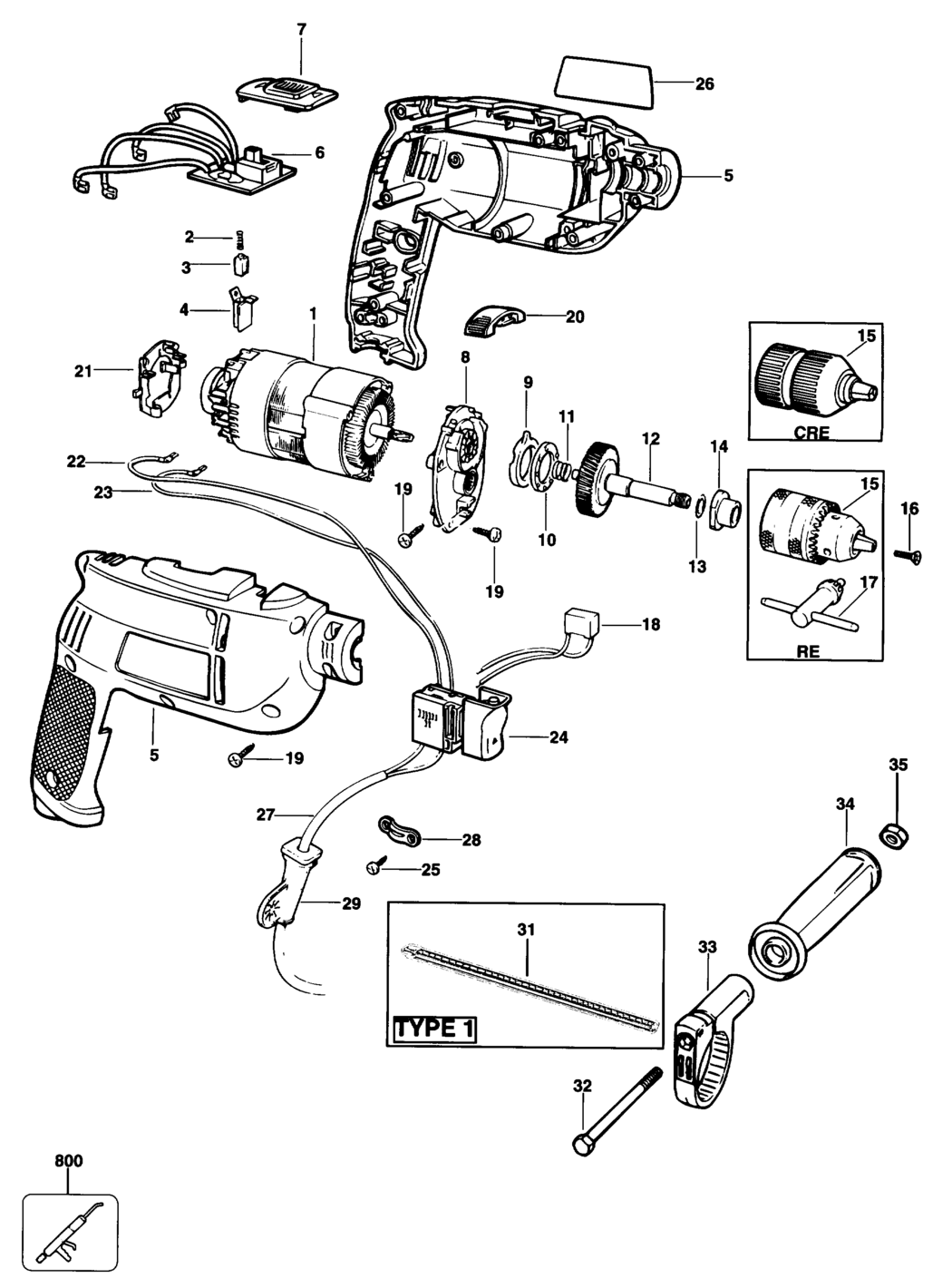 Black & Decker KD350RE Type 1 Drill Spare Parts