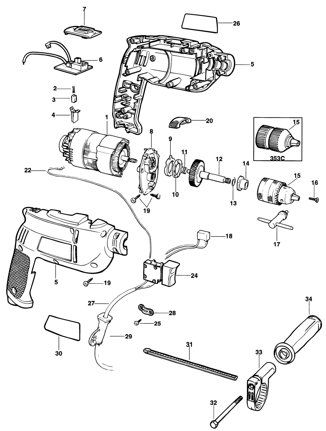 Black & Decker KD352 Type 1 Drill Spare Parts