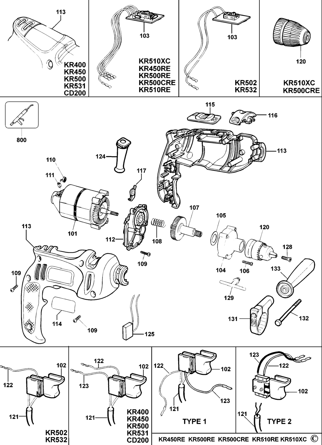 Black & Decker KR400 Type 1 Drill Spare Parts