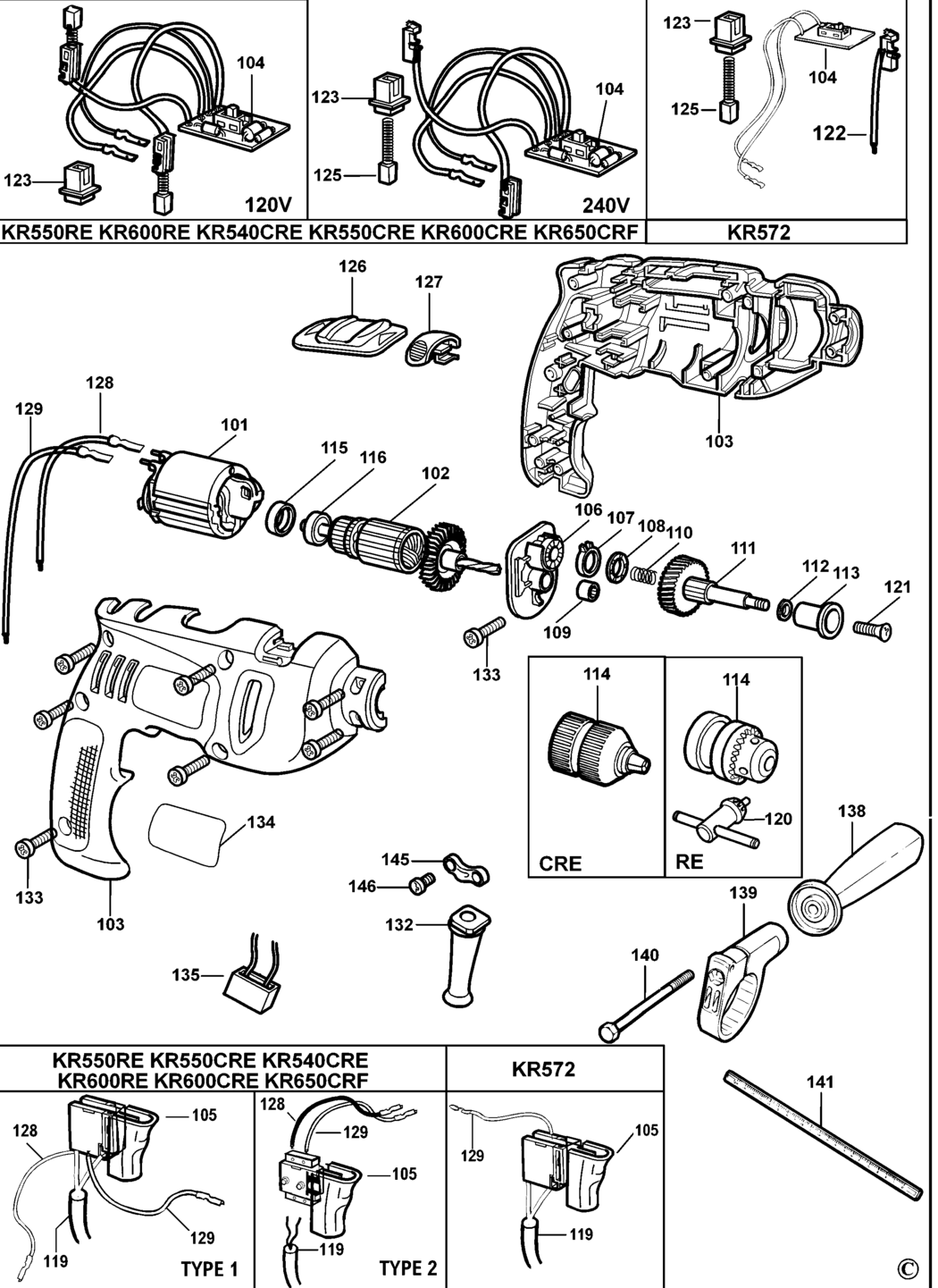 Black & Decker KR550RE Type 1 Drill Spare Parts