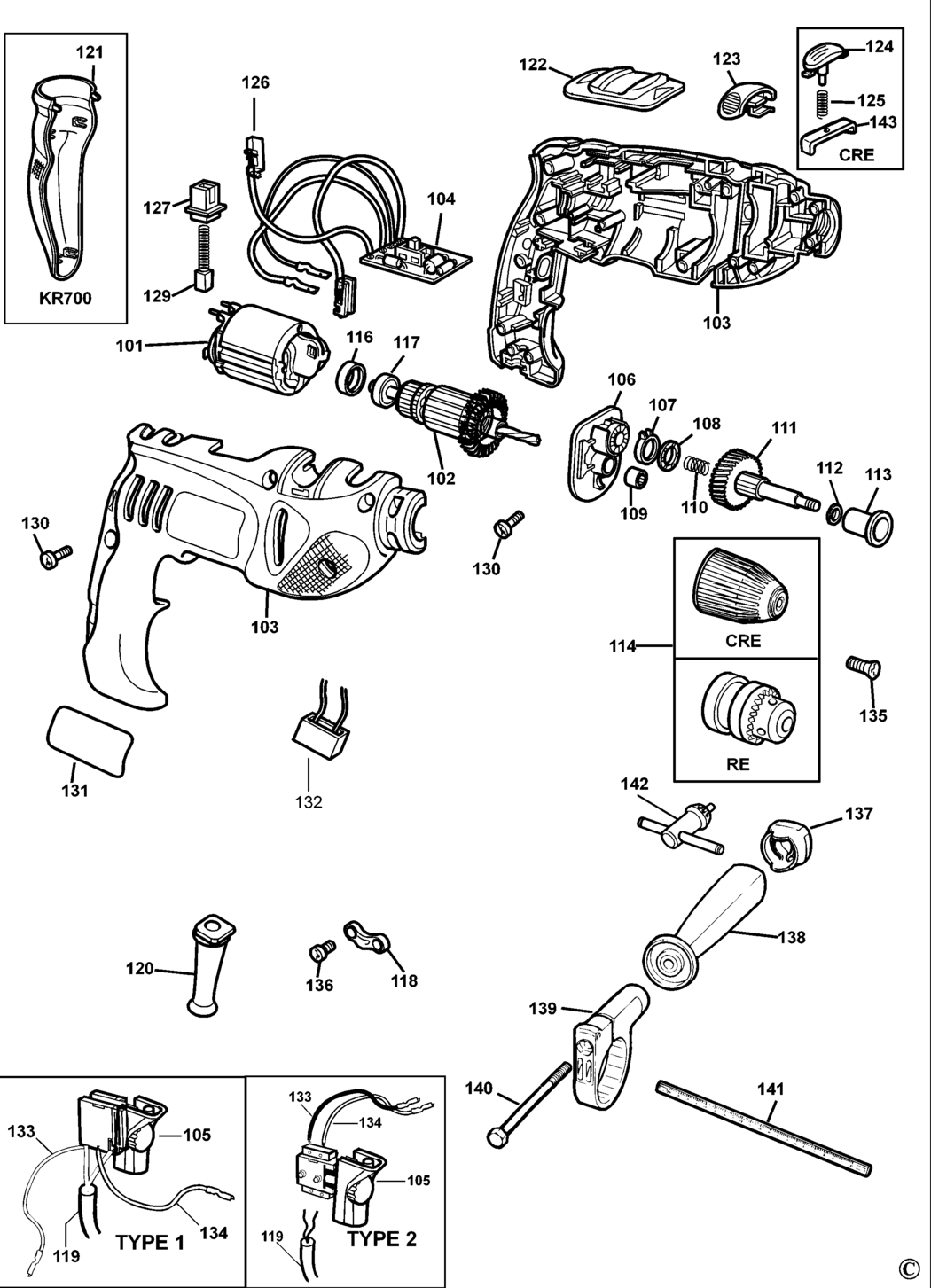 Black & Decker KR650CRE Type 1 Drill Spare Parts