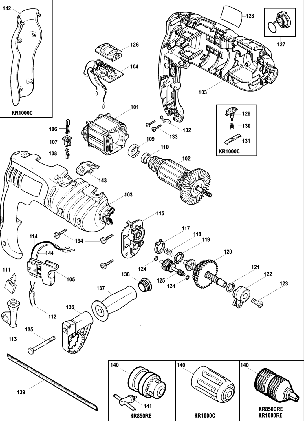 Black & Decker KR850CRE Type 1 Hammer Drill Spare Parts