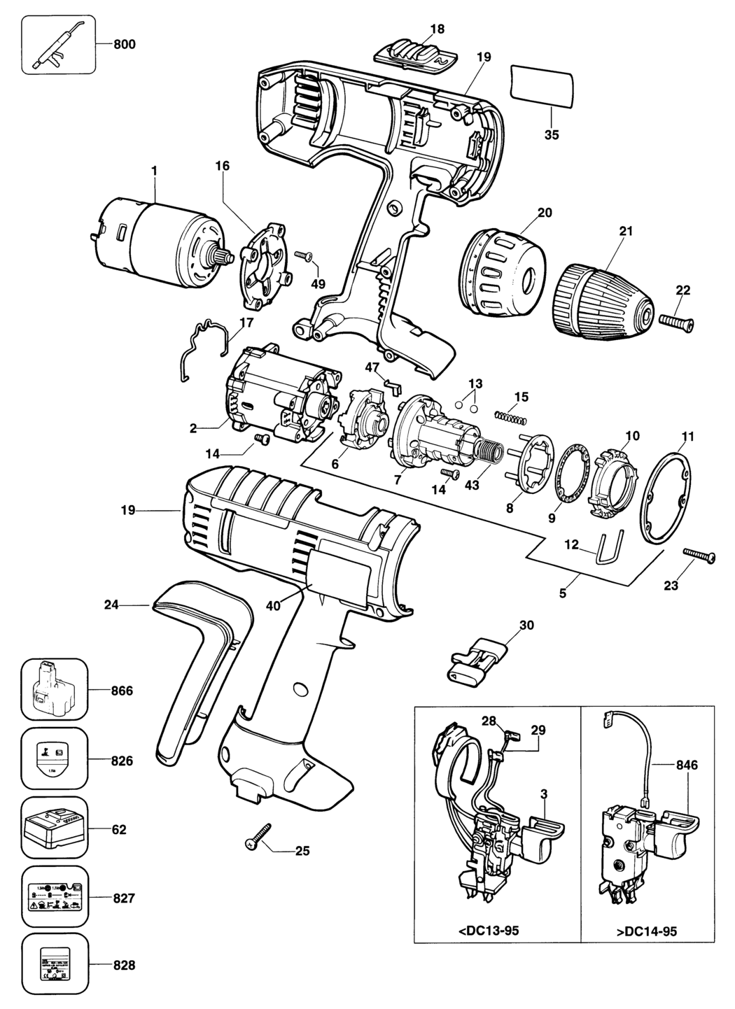 Black & Decker P1950K Type 1 Cordless Drill Spare Parts