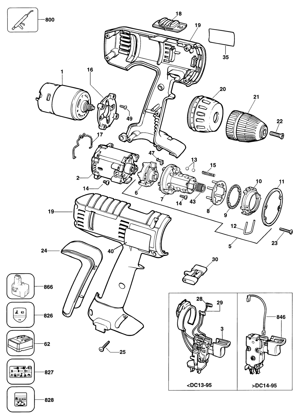 Black & Decker P1955K Type 1 Cordless Drill Spare Parts