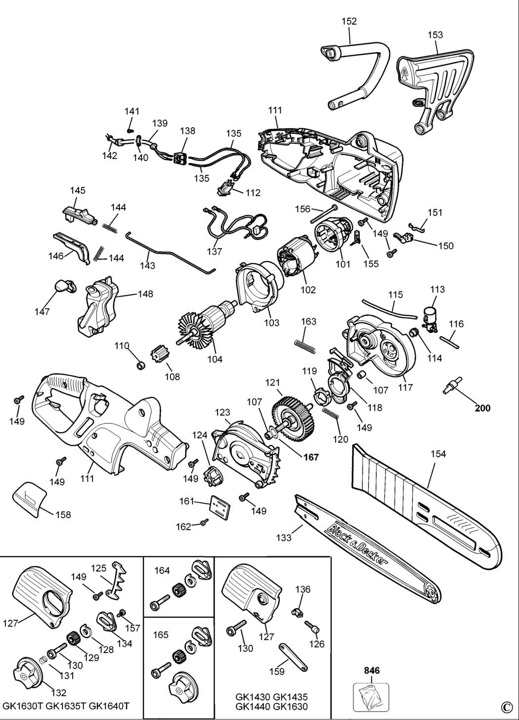 Black & Decker GK1630T Type 1 Chainsaw Spare Parts