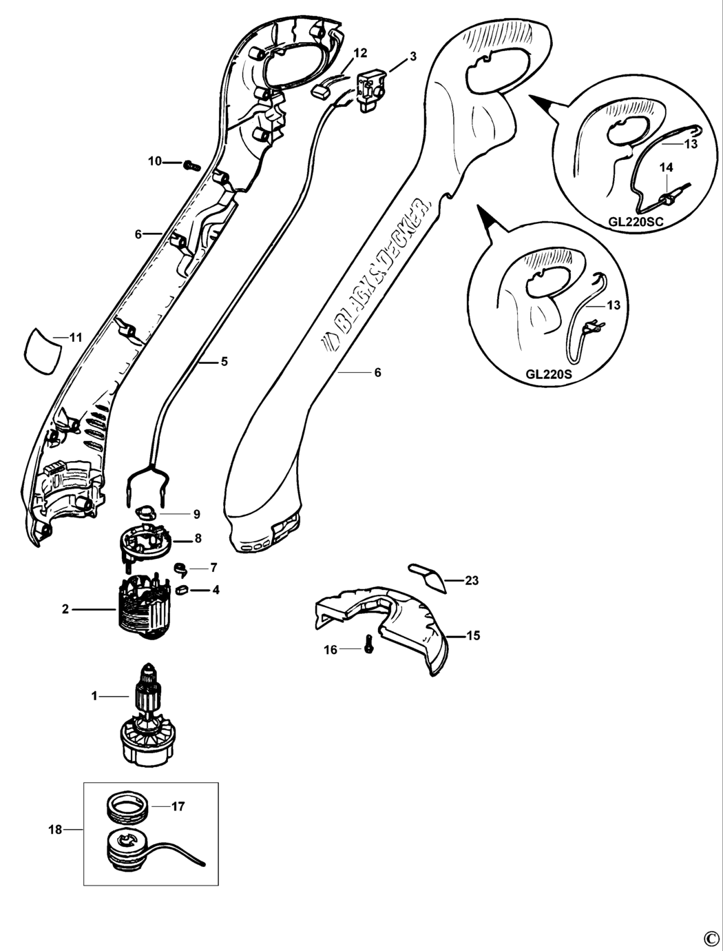 Black & Decker GL220S Type 1 String Trimmer Spare Parts