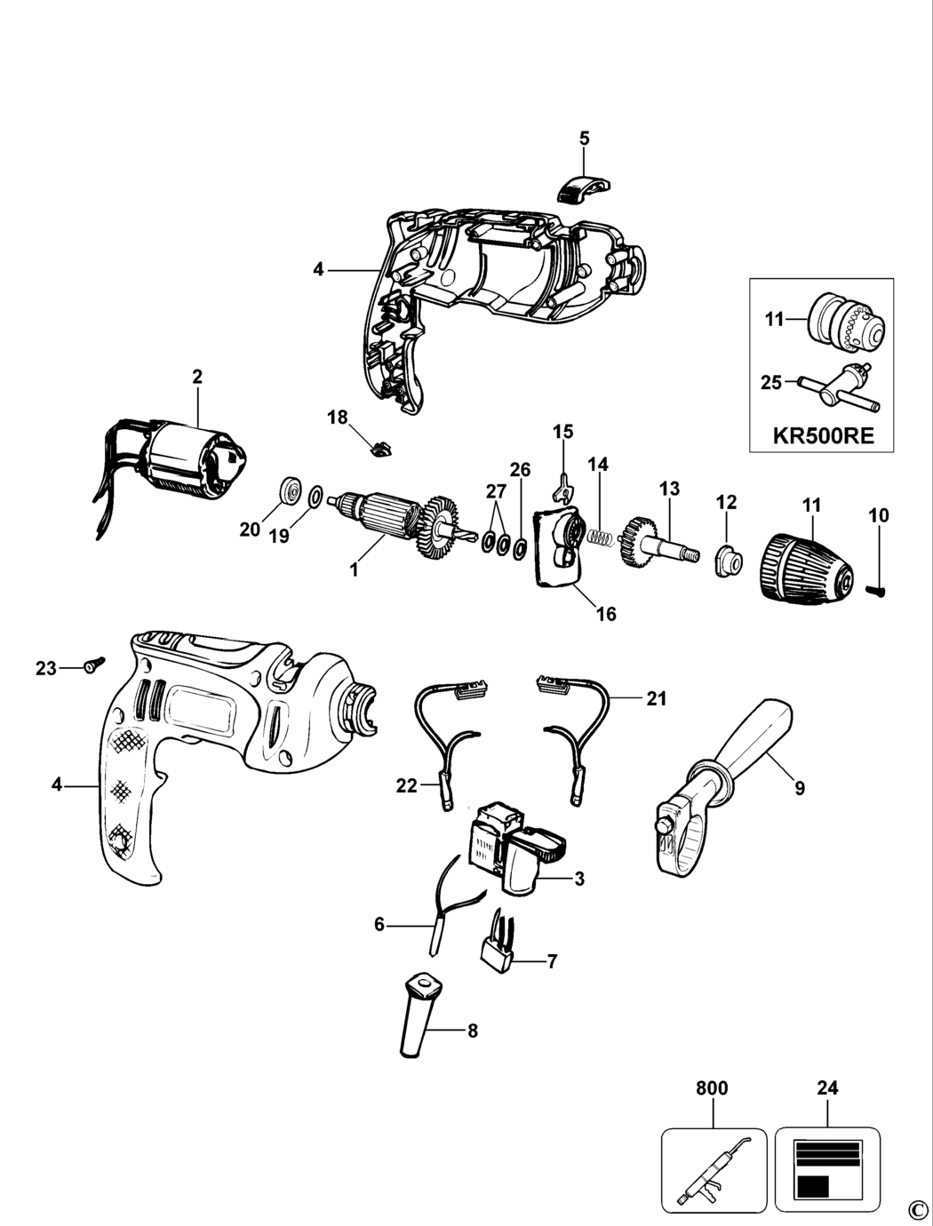 Black & Decker KR500RE Type 4 - 5 Hammer Drill Spare Parts