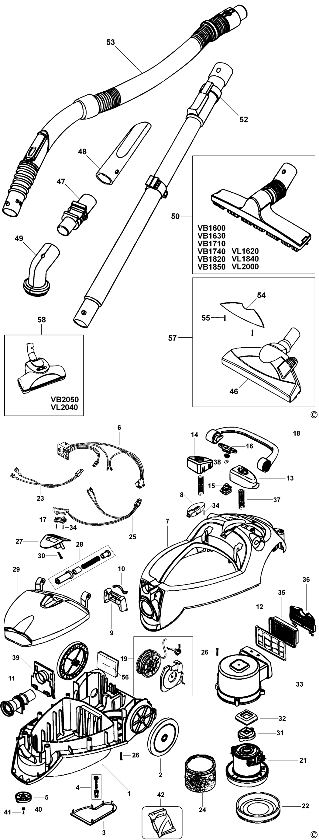 Black & Decker VB1600 Type 1 Vacuum Cleaner Spare Parts