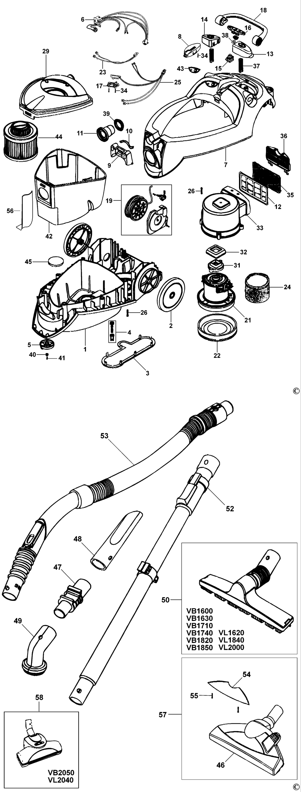 Black & Decker VL1620 Type 1 Vacuum Cleaner Spare Parts