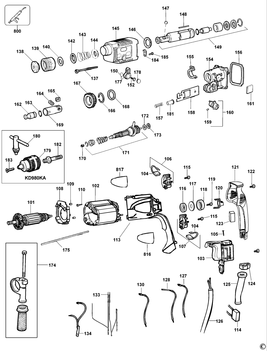 Black & Decker KD980K Type 1 Drill Spare Parts