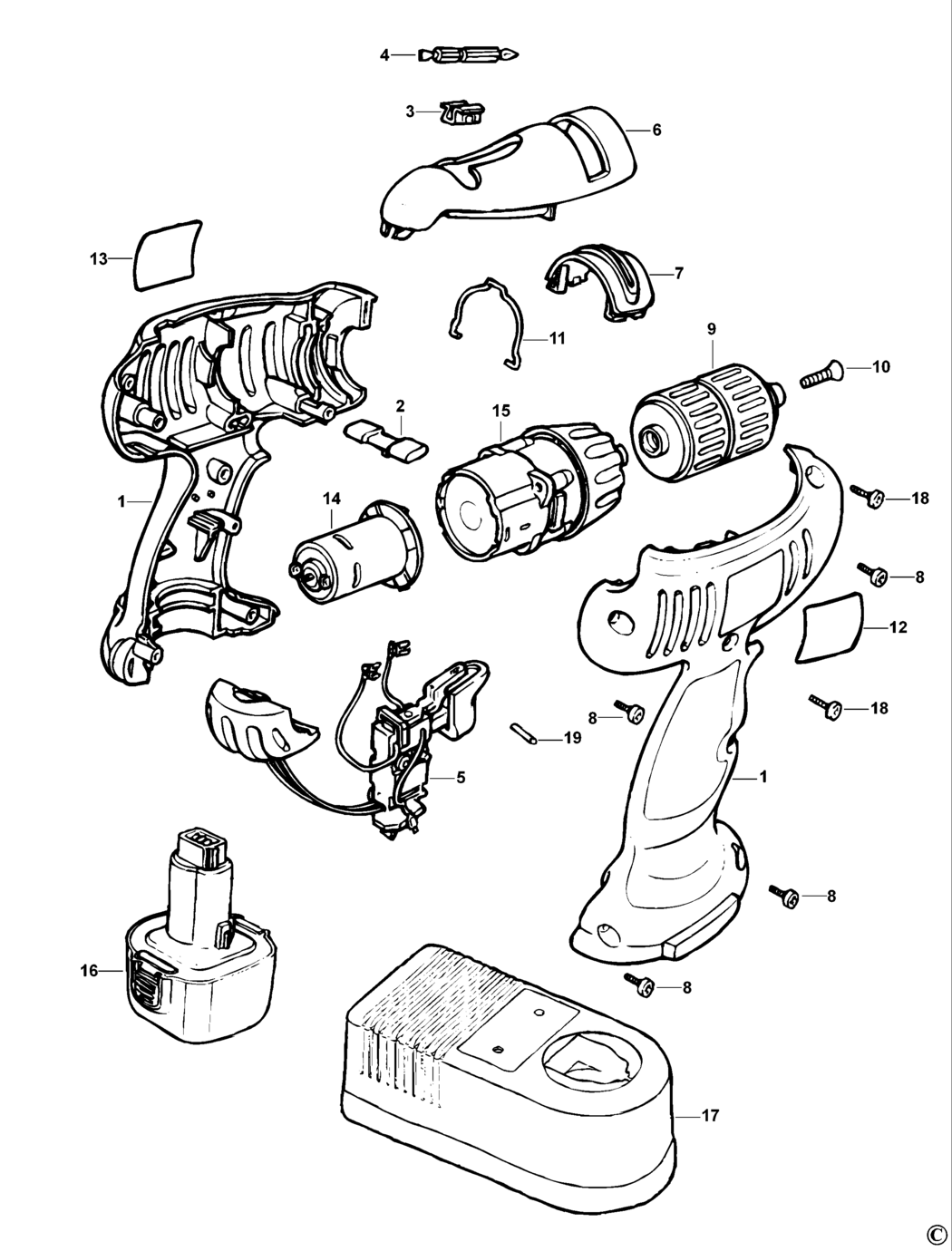 Black & Decker KC121F Type 1 Cordless Drill Spare Parts