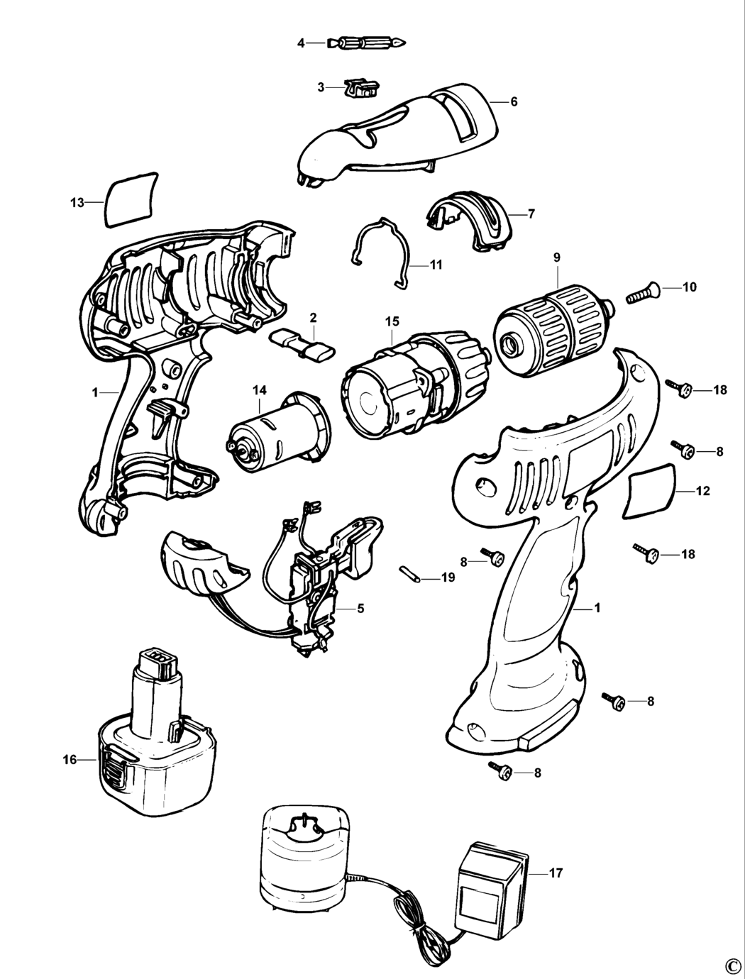 Black & Decker KC183FB Type 1 Cordless Drill Spare Parts