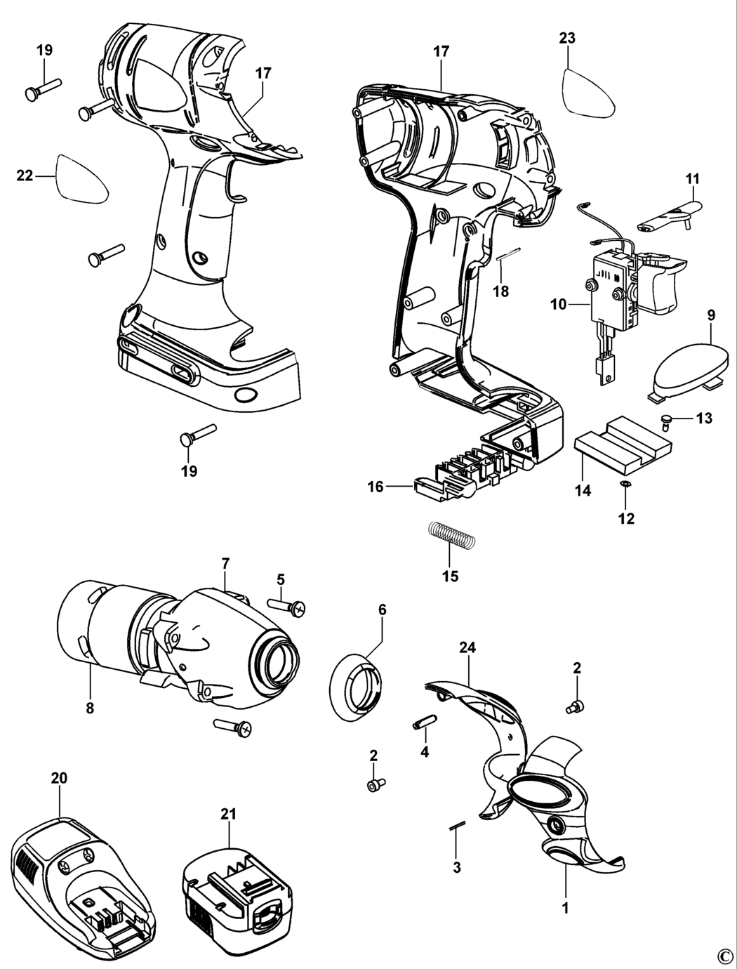 Black & Decker XTC12IK Type 1 Impact Wrench Spare Parts